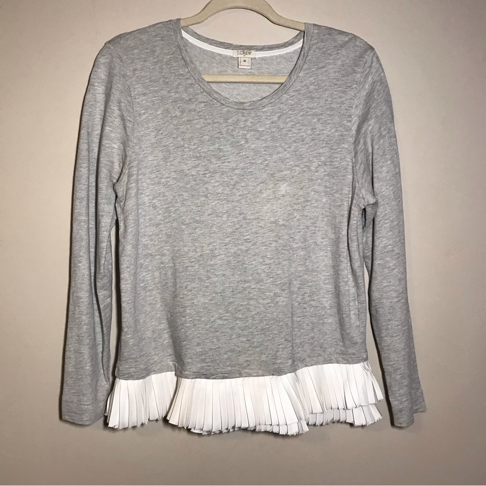 J. Crew Sweatshirt Top Medium Gray White Ruffle Hem Long Sleeve EUC